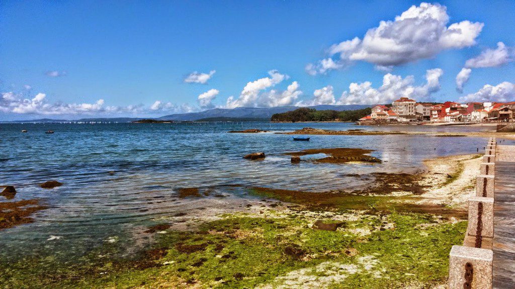 Al fondo se observa la isla de Cortegada y los criaderos de almejas de Carril