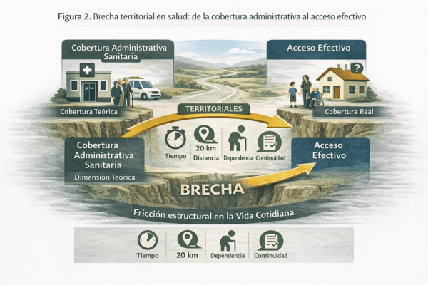 Diagrama que ilustra la brecha territorial entre la cobertura administrativa sanitaria y el acceso efectivo a los servicios de salud en entornos rurales.