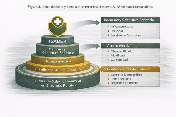 Estructura analítica del índice ISABER que integra recursos sanitarios, acceso efectivo y condicionantes del entorno para evaluar la salud y el bienestar en el medio rural.