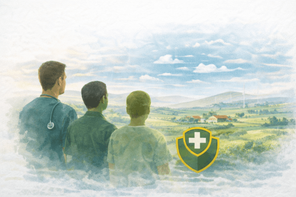 Profesional sanitario y población rural observando el territorio como símbolo del acceso a la salud y los cuidados en zonas rurales