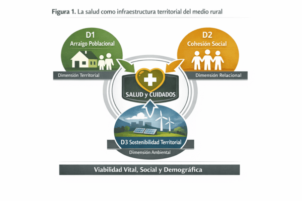Esquema conceptual que muestra la salud y los cuidados como infraestructura territorial del medio rural, articulada en torno al arraigo poblacional, la cohesión social y la sostenibilidad territorial.