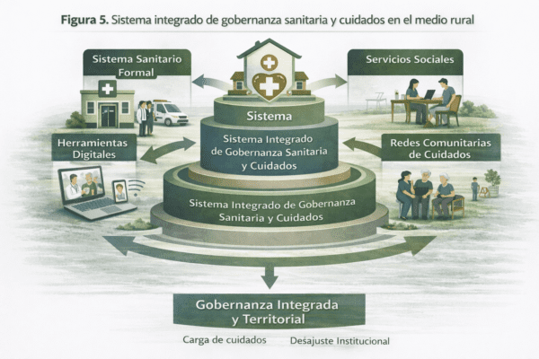 Modelo de sistema integrado de gobernanza sanitaria y cuidados que conecta sanidad formal, servicios sociales, herramientas digitales y redes comunitarias en el medio rural.