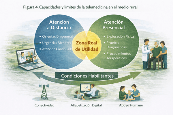 Esquema comparativo entre atención sanitaria a distancia y atención presencial en el medio rural, con una zona de utilidad condicionada por factores territoriales.