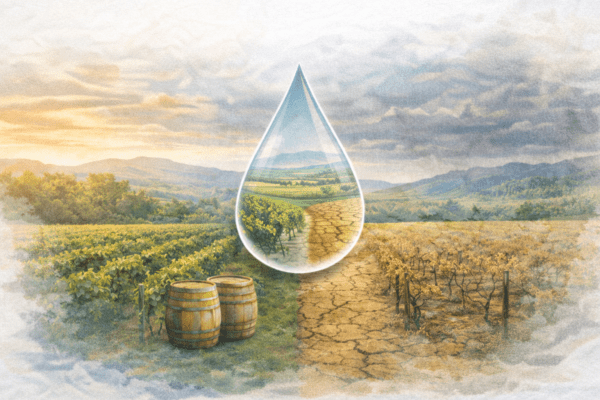Ilustración conceptual de viñedos con contraste entre suelo seco y fértil dentro de una gota de agua como símbolo del estrés hídrico en el vino español