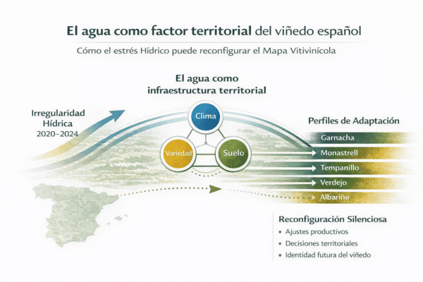 Esquema conceptual que muestra el agua como factor territorial del viñedo español, integrando clima, suelo, variedad y perfiles de adaptación varietal.