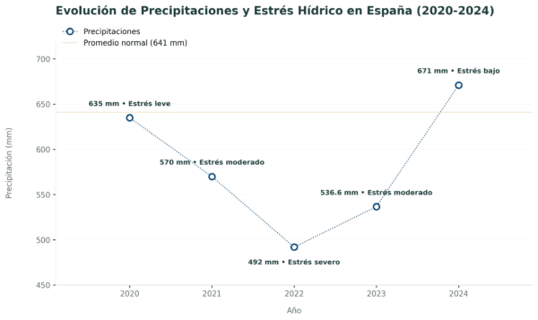 Gráfico que muestra la evolución de las precipitaciones en España entre 2020 y 2024 y su interpretación en términos de estrés hídrico para el viñedo.
