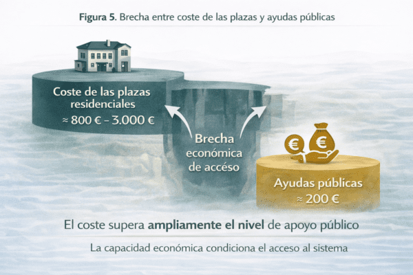 Diferencia entre el coste de residencias y las ayudas públicas que limita el acceso al sistema
