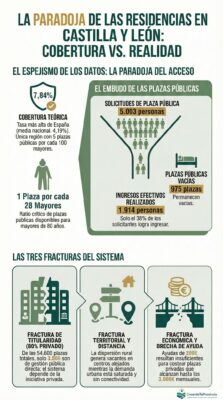 Infografía sobre la paradoja del sistema residencial en Castilla y León con alta cobertura pero dificultades de acceso efectivo