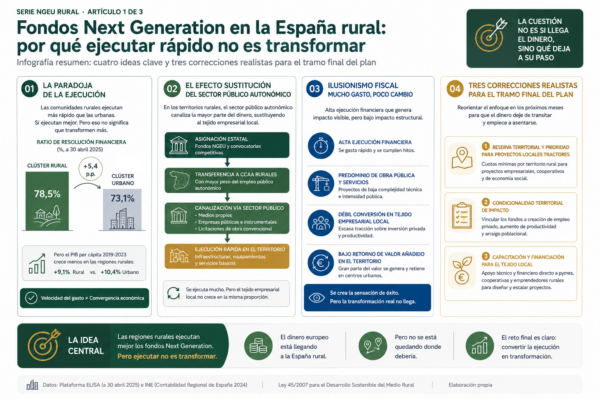 Infografía resumen sobre la paradoja de la ejecución de fondos europeos en la España rural, el efecto sustitución del sector público autonómico y el concepto de ilusionismo fiscal.