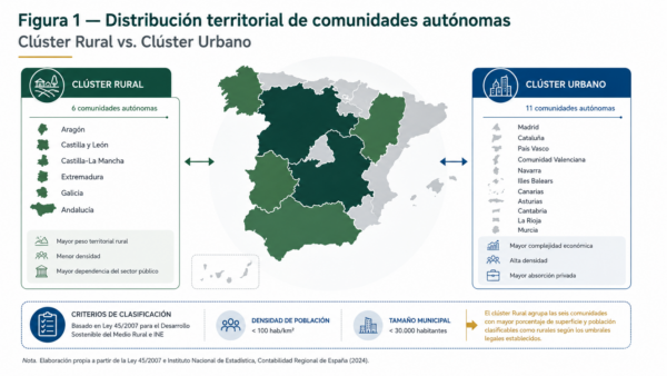 Mapa conceptual de España que clasifica las comunidades autónomas entre clúster rural y clúster urbano según criterios de densidad y tamaño municipal.