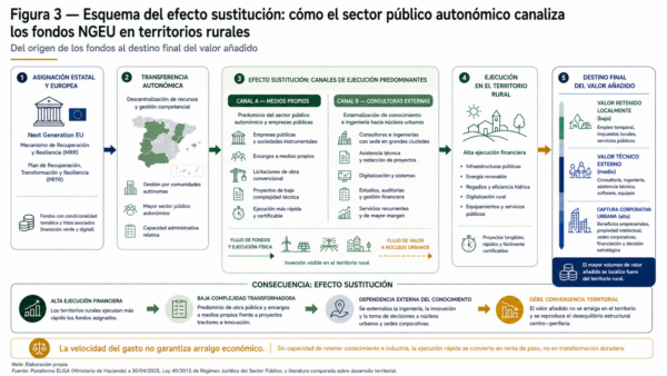 Diagrama de flujo que muestra cómo los fondos europeos pasan desde la administración estatal hacia medios propios, consultoras urbanas y proyectos ejecutados en territorios rurales.