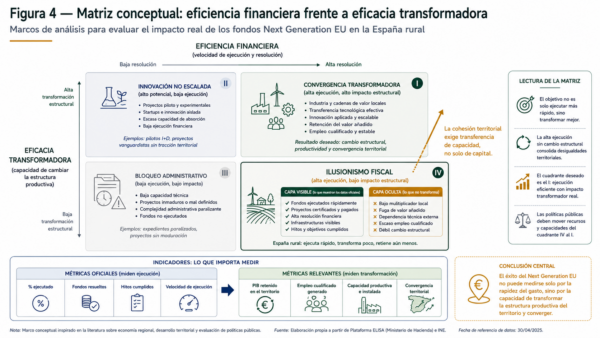 Matriz de cuatro cuadrantes que relaciona la velocidad de ejecución financiera de los fondos europeos con su impacto transformador sobre la estructura productiva.