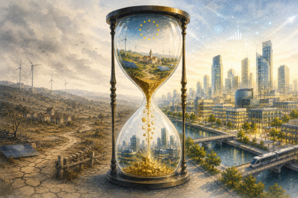 Ilustración conceptual sobre los fondos Next Generation en la España rural, con un reloj de arena que simboliza la transferencia de valor desde territorios rurales hacia centros urbanos e institucionales.