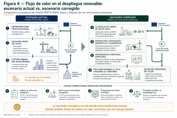 Esquema comparativo del flujo de valor económico en el despliegue renovable entre el modelo actual y un escenario corregido con mayor retorno territorial.