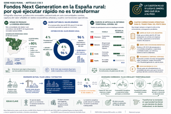 Infografía sobre concentración de generación renovable en comunidades rurales y captura urbana del valor añadido energético en España.