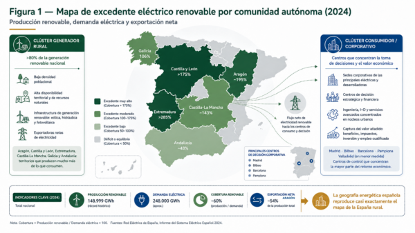 Mapa comparativo del excedente eléctrico renovable por comunidad autónoma en España en 2024, destacando el clúster rural productor frente a los grandes centros urbanos consumidores.