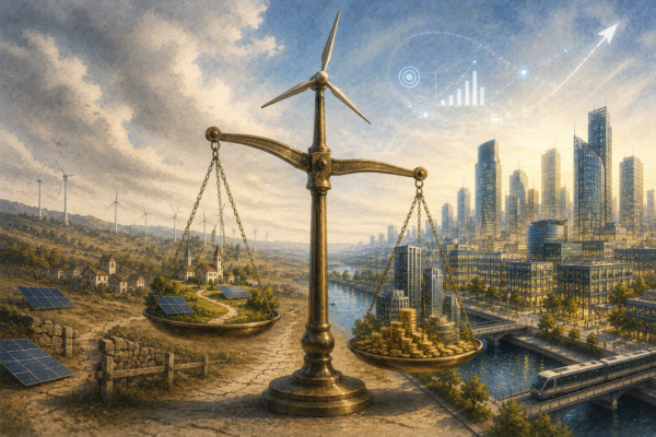 Imagen de portada del segundo artículo de la serie NGEU Rural, con un reloj de arena que simboliza la transferencia del valor económico desde territorios rurales con renovables hacia grandes ciudades corporativas.