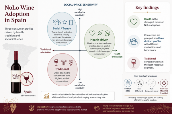 Abstract visual "NoLo Wine Adoption in Spain": tres perfiles de consumidor (Social/Trendy, Health-driven, Traditional) situados en dos ejes —orientación tradicional-salud y sensibilidad social-precio—, con hallazgos clave (la salud como principal motor de adopción, tres perfiles diferenciados, el segmento tradicional como el menos receptivo) y metodología del estudio (encuesta a 688 consumidores, EFA, PCA, análisis de clúster).