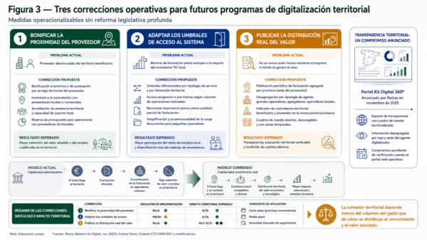 Esquema con tres propuestas de reforma para mejorar la distribución territorial del valor en futuros programas públicos de digitalización.