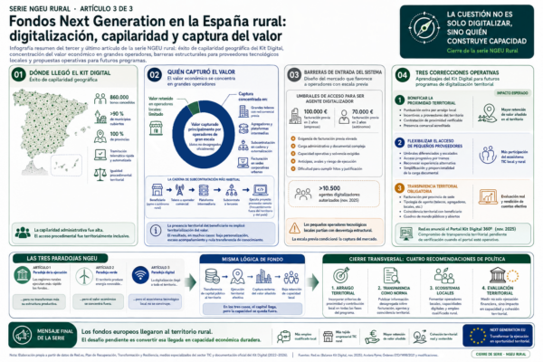 Infografía resumen del tercer artículo de la serie NGEU rural sobre Kit Digital, digitalización territorial y captura del valor por grandes operadores.