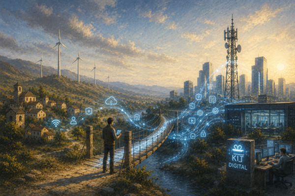 Ilustración conceptual sobre digitalización rural y concentración del valor económico en grandes operadores urbanos dentro del programa Kit Digital.