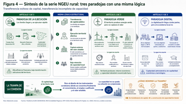 Síntesis visual de las tres paradojas analizadas en la serie sobre fondos Next Generation en la España rural: ejecución, energía y digitalización.
