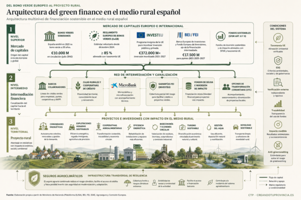 Esquema de la arquitectura del green finance rural mostrando bonos verdes, financiación europea, banca intermediaria y proyectos territoriales.