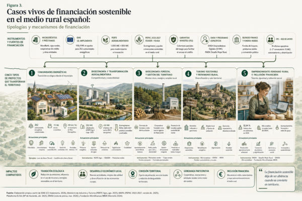 Ejemplos de comunidades energéticas, bioeconomía, turismo sostenible y emprendimiento femenino financiados mediante instrumentos de financiación sostenible.