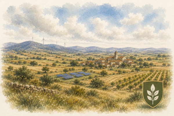 Paisaje rural español con energías renovables, agricultura sostenible y financiación verde representada mediante un escudo simbólico.