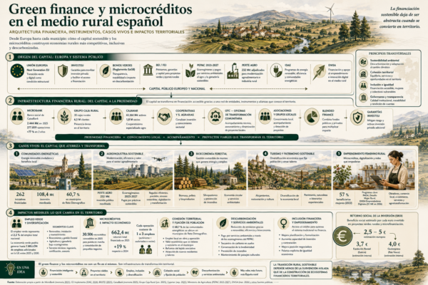 Resumen visual del sistema de financiación sostenible y microcréditos rurales en España, incluyendo arquitectura financiera, instrumentos, casos de aplicación e impactos.