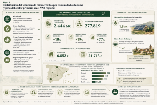 Infografía sobre el ecosistema español de microcréditos rurales con MicroBank, cajas rurales, Cajamar y programas públicos de apoyo al emprendimiento.