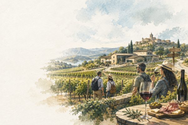 Ilustración de una experiencia de enoturismo en España, con visitantes recorriendo un viñedo junto a una bodega y disfrutando de vino y gastronomía.