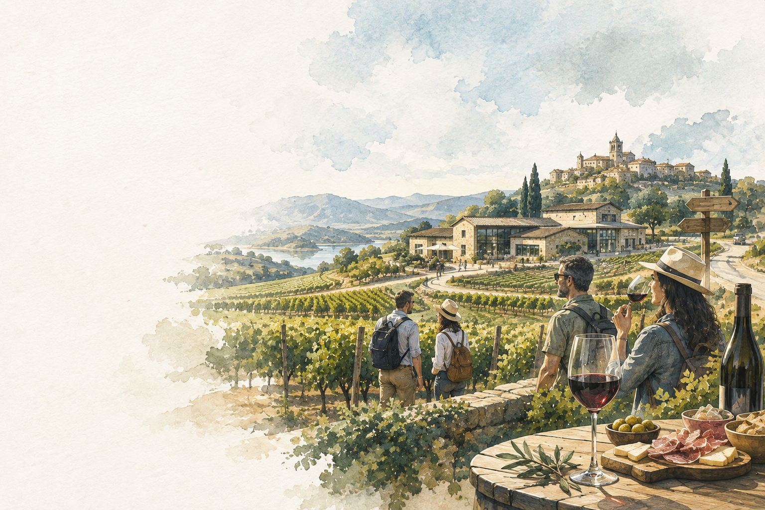 Ilustración de una experiencia de enoturismo en España, con visitantes recorriendo un viñedo junto a una bodega y disfrutando de vino y gastronomía.