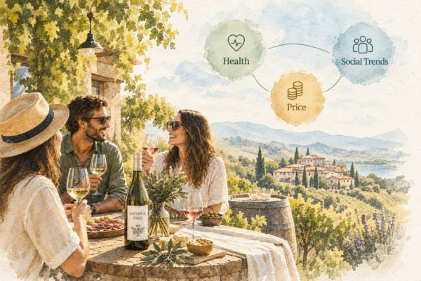 Grupo de personas compartiendo una degustación de vino sin alcohol en una terraza entre viñedos, con referencias visuales a la salud, las tendencias sociales y el precio.